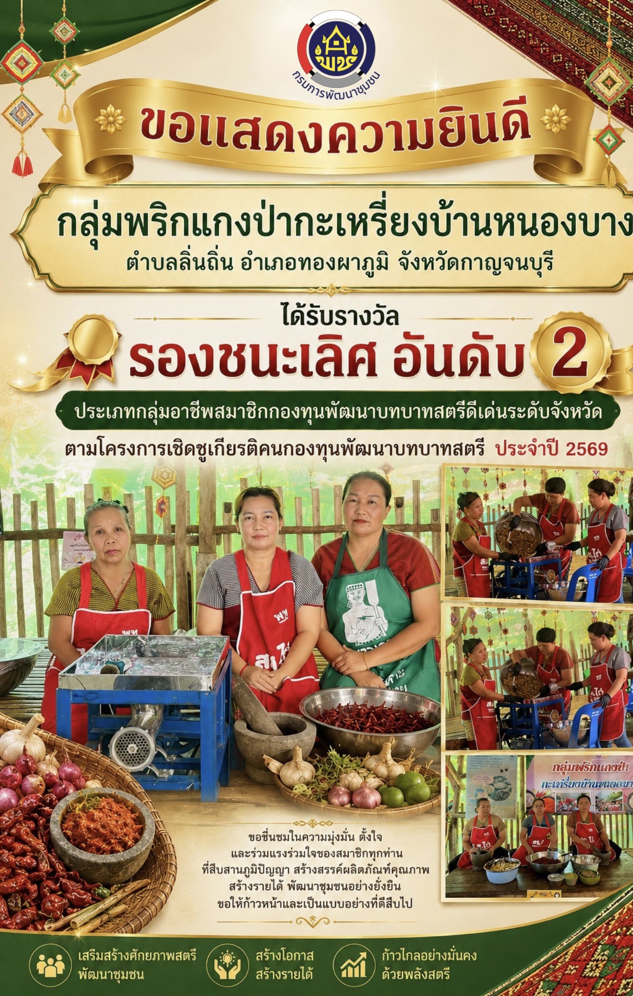 พช.ทองผาภูมิ ขอแสดงความยินดีแก่กลุ่มพริกแกงป่ากะเหรี่ยงบ้านหนองบาง คว้ารางวัลรองชนะเลิศ อันดับ 2 ระดับจังหวัด